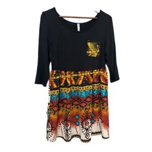 La Ropas Mini Dress Womens Small Black Multi‎ Tribal Print Excellent 3/4 Sleeve